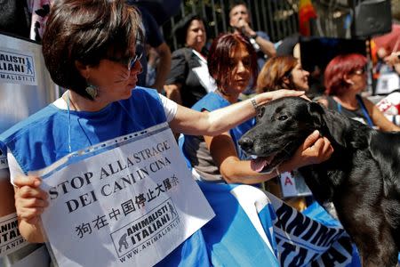 Animal activists hold banners reading "Stop to dogs' massacre in China" against Yulin Dog Meat Festival in front of the Chinese embassy in Rome, Italy June 21, 2016. REUTERS/Tony Gentile