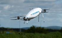 Manna Aero drone is seen as it delivers essential household and medical supplies in the Irish village of Moneygall