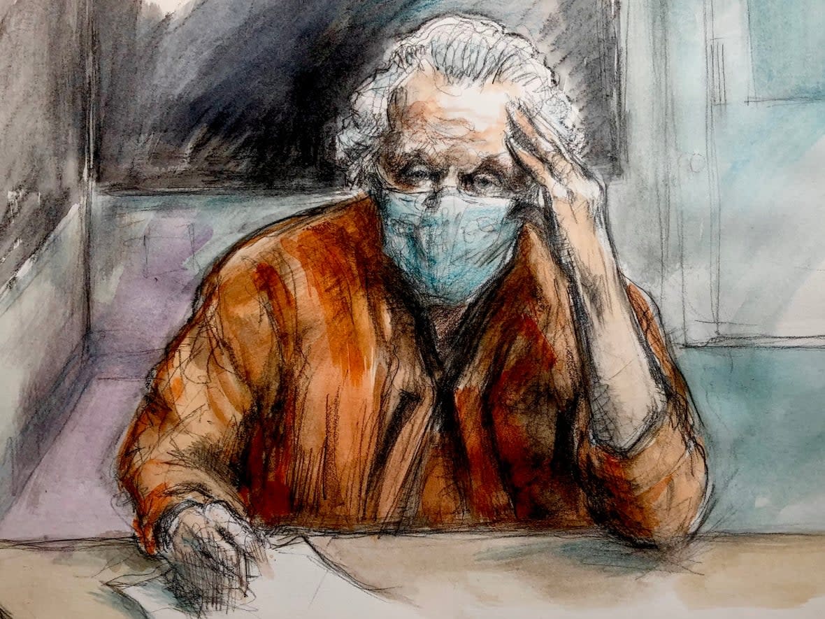 This sketch shows Peter Nygard as he appeared at the bail decision hearing on Jan. 19, 2022, via video from the Toronto South Detention Centre, where he is being held.  (Pam Davies - image credit)