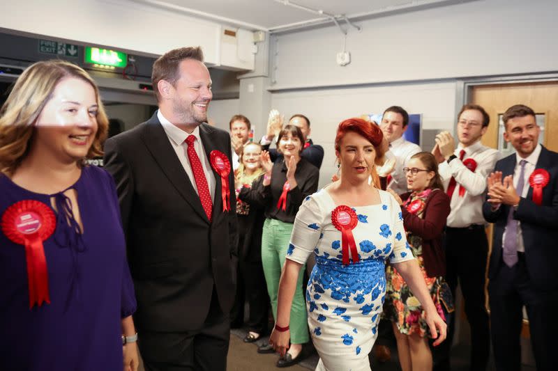 Labour party candidate Simon Lightwood arrives at a counting center after a by-election in Wakefield