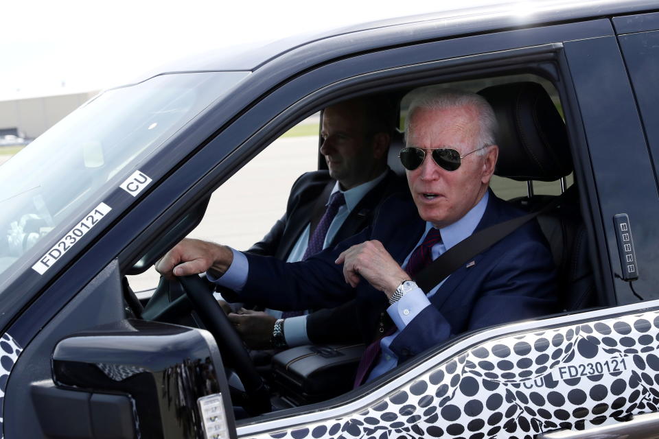 U.S. President Joe Biden tests the new Ford F-150 lightning truck as he visits VDAB at Ford Dearborn Development Center in Dearborn, Michigan, U.S., May 18, 2021.  REUTERS/Leah Millis     TPX IMAGES OF THE DAY