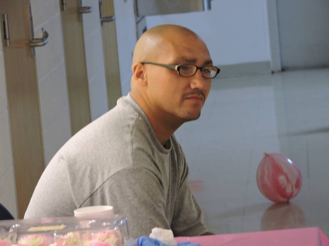 Chris Jacobs at a Men’s Alliance Club event at Lanesboro Correctional Institution. Jacobs has been incarcerated for 27 years. At age 16, he participated in a robbery where a companion killed store owner Truman Oxendine. He is rehabilitated, advocates say.