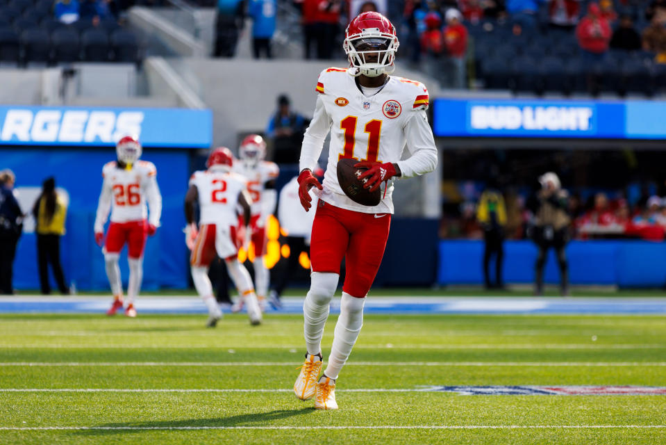 Marquez Valdes-Scantling runs after the catch during a game against the Los Angeles Chargers on Jan. 7, 2024.<span class="copyright">Ric Tapia—Getty Images</span>