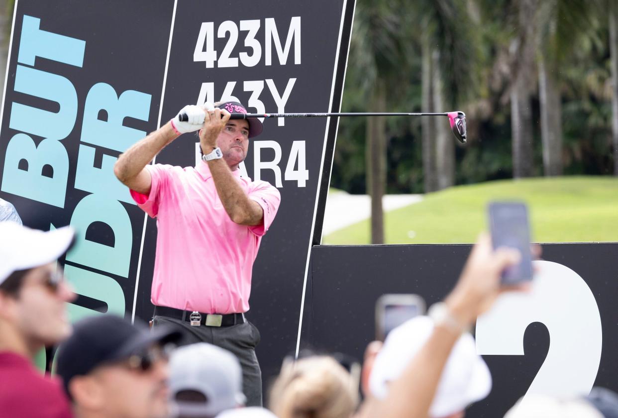 Captain Bubba Watson of the RangeGoats GC hits his shot from the second tee during the finals of the LIV Golf Team Championship Miami at the Trump National Doral on Sunday, October 22, 2023 in Miami, Florida. (Photo by Chris Trotman/LIV Golf via AP)