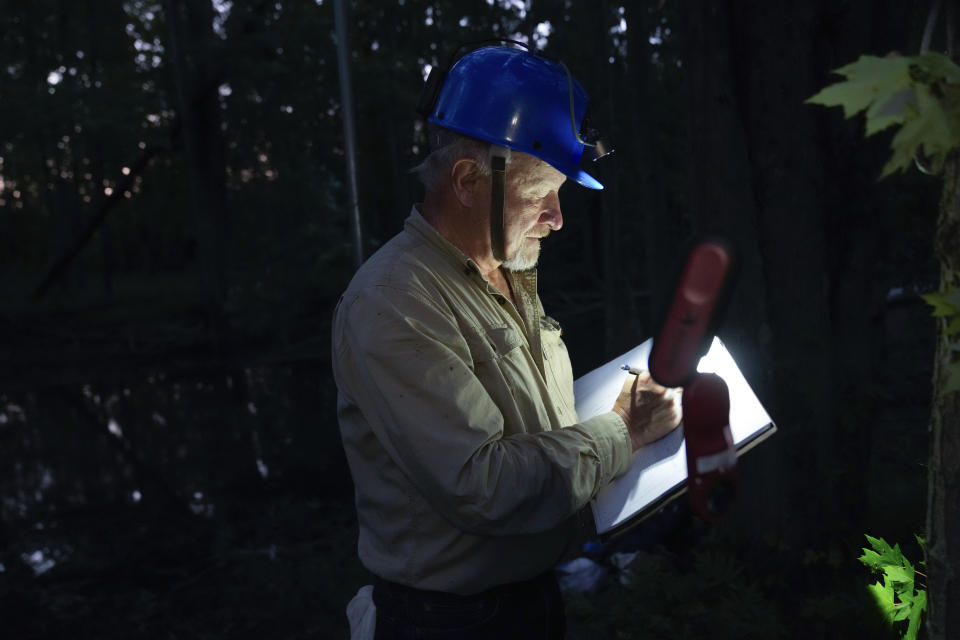 Allen Kurta, an Eastern Michigan University professor, records air temperature while capturing bats in Sharon Township, Mich., June 21, 2023. Fifty years after the Endangered Species Act took effect, environmental advocates and scientists say the law is as essential as ever. Habitat loss, pollution, climate change and disease are putting an estimated 1 million species worldwide at risk. (AP Photo/Paul Sancya)