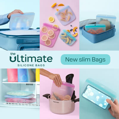 The Tupperware® Ultimate silicone slim bags are crafted to seamlessly slip into or hook onto your on-the-go bag, tuck away in the freezer or pantry, effortlessly fitting into compact spaces and preserving contents. These versatile, leak-proof, and reusable bags empower you to travel, organize, and transition from freezer to microwave, all in one! Get yours at Tupperware.com or by connecting with your independent Tupperware® representative and get the party started!