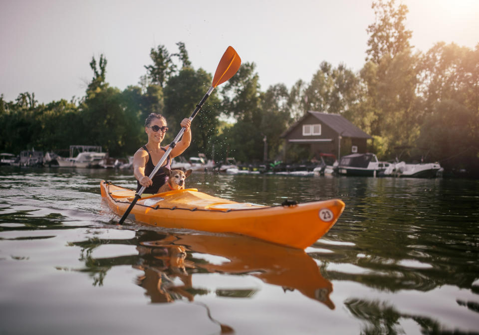 A person kayaks on a calm lake with a dog sitting in the kayak. Trees and boats are seen in the background