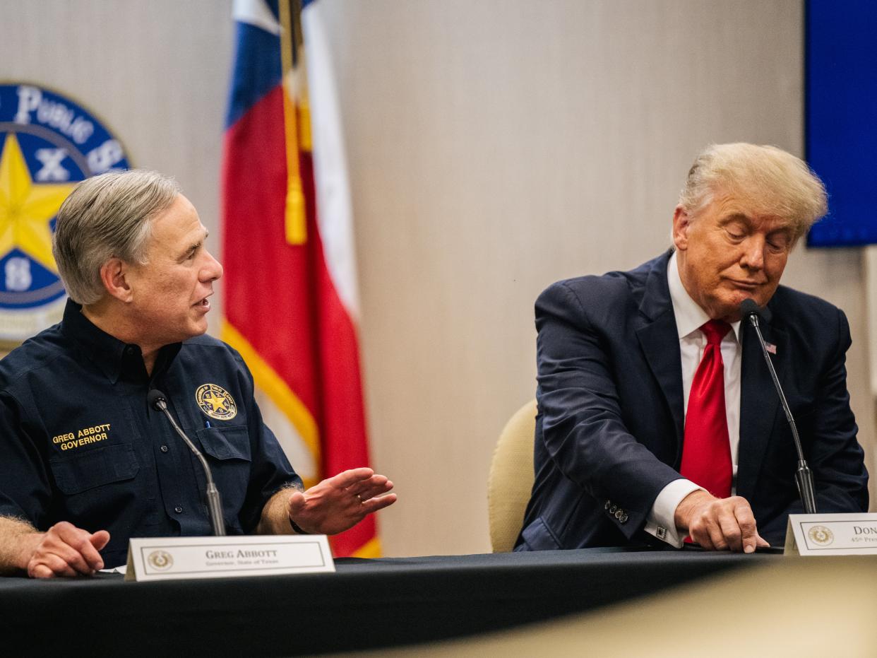Texas Gov. Greg Abbott addresses former President Donald Trump during a border security briefing to discuss further plans in securing the southern border wall on June 30, 2021 in Weslaco, Texas (Getty Images)