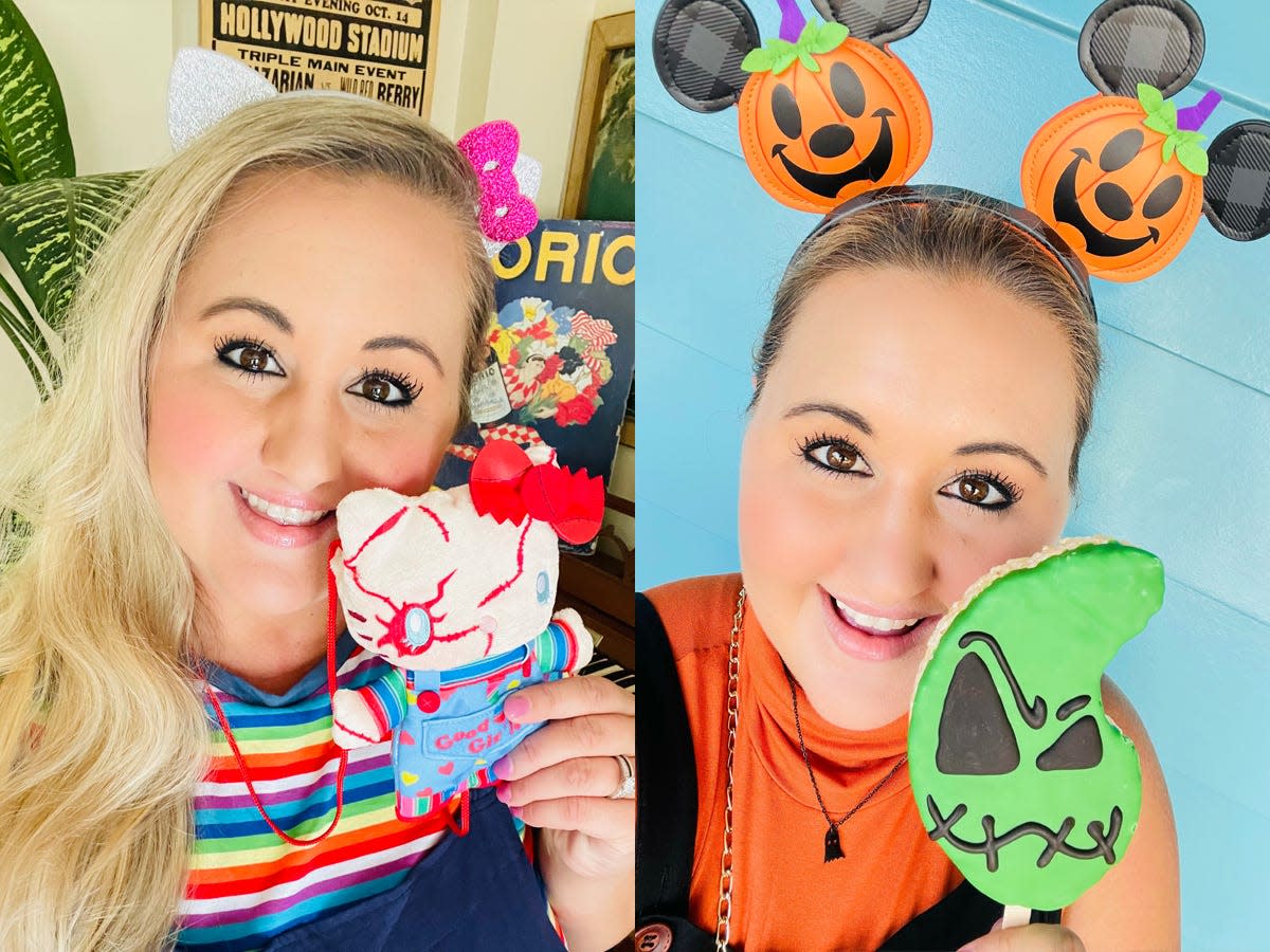 carly with halloween horror night merch next to carly with oogie boogie bash treat