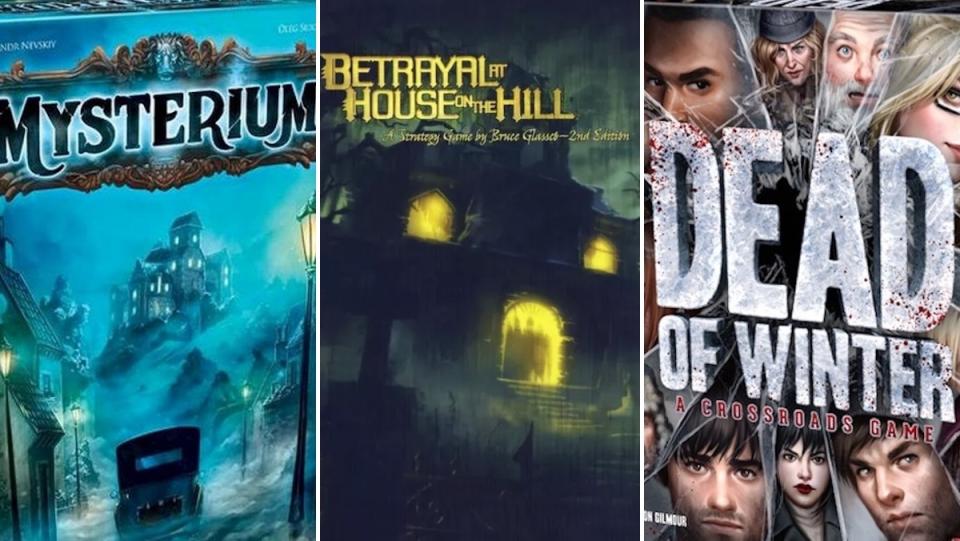 The frontn covers for board games: Mysterium, Betrayal at House on the Hill, and Dead of Winter
