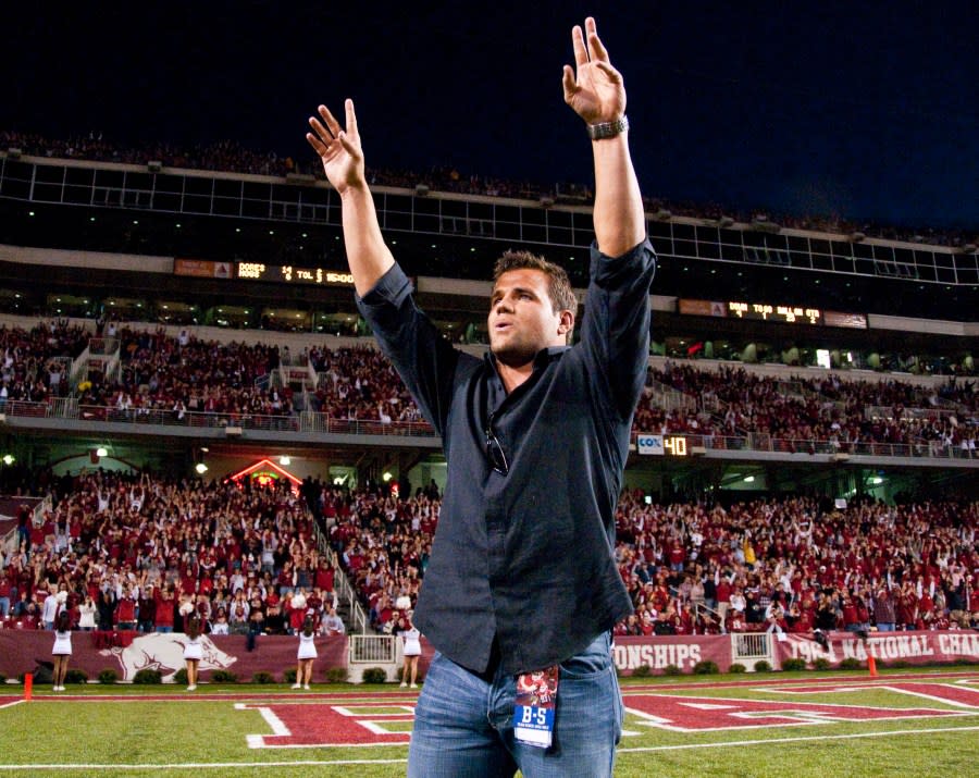 Peyton Hillis, seen here in 2010, was reportedly injured while saving his children from drowning at a beach in Florida. (AP Photo/April L. Brown)