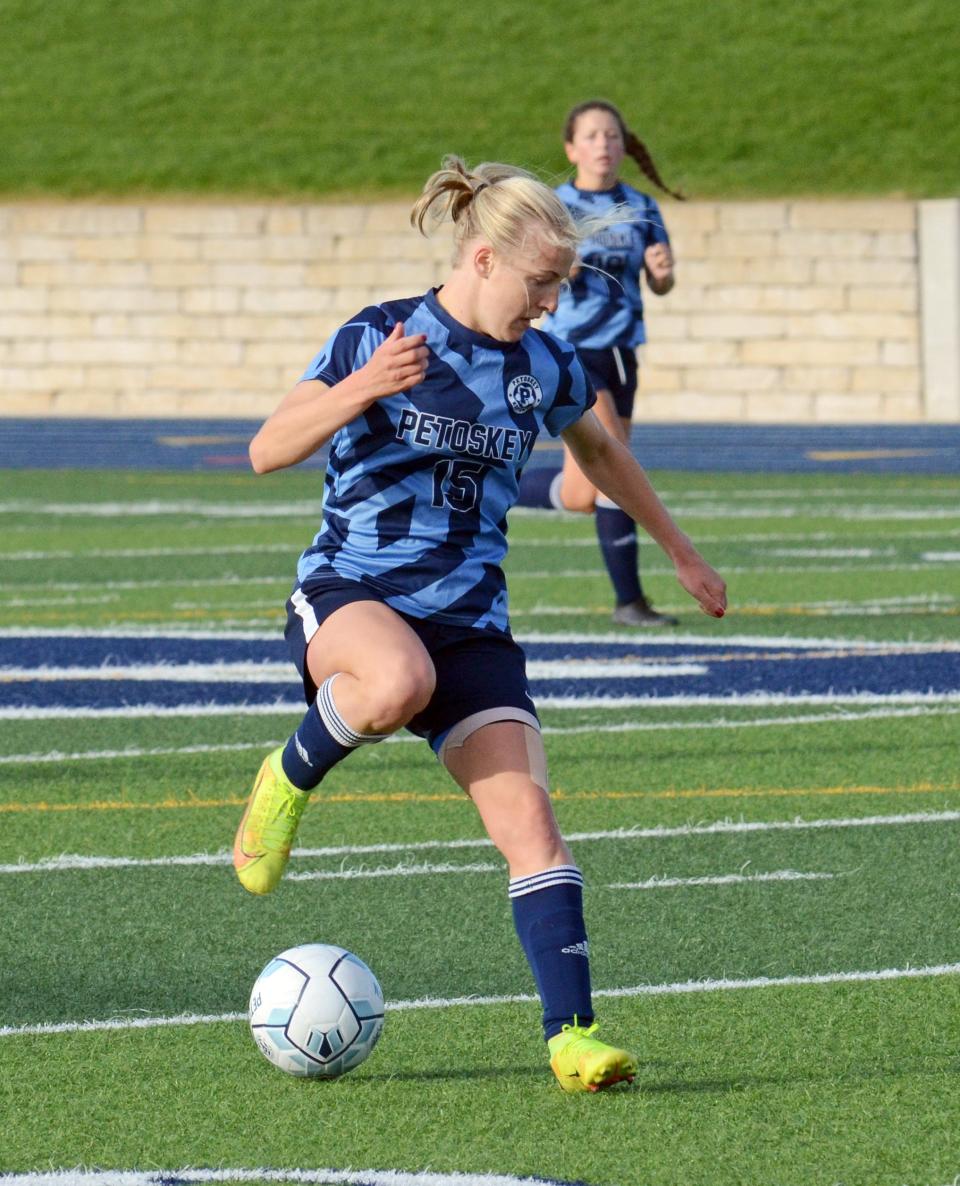 Petoskey senior Hayley Flynn puts a move on a defender and changes course.