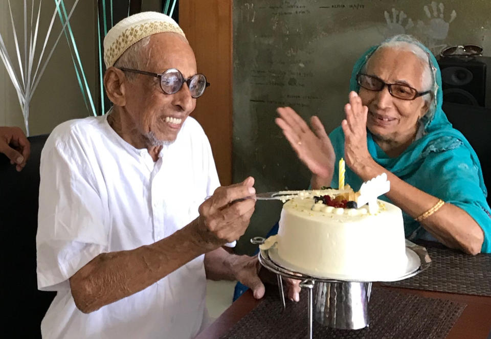 Hasanali and Zenab celebrating his 90th birthday.