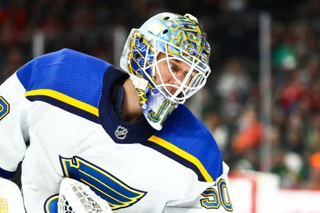 Feb 17, 2019; Saint Paul, MN, USA; St. Louis Blues goaltender Jordan Binnington (50) looks on in second period against the Minnesota Wild at Xcel Energy Center. The St. Louis Blues defeated the Minnesota Wild 4-0. Mandatory Credit: David Berding-USA TODAY Sports