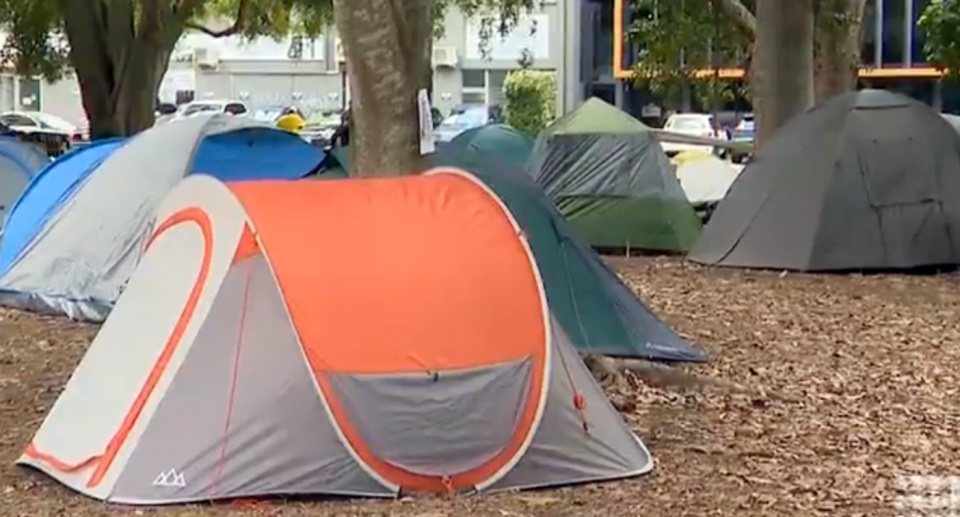 Tents are seen here at Musgrave Park in Brisbane, which has become a pop-up community for those sleeping rough. 