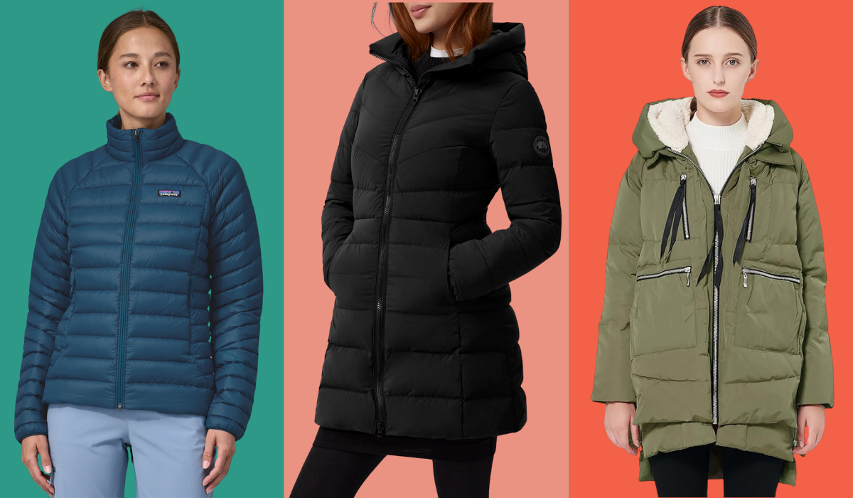 Three female models in winter coats.