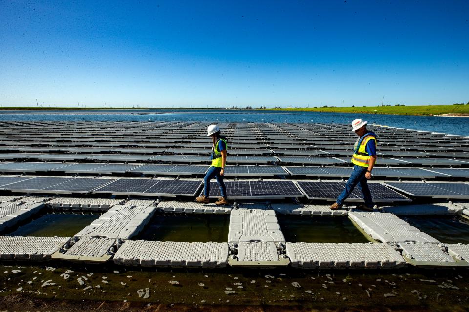 In theory, the floating solar arrays should operate more efficiently because the water helps cool them down, the company said.