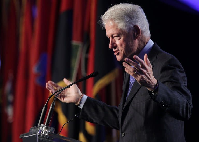 Former US president Bill Clinton is pictured during a speech in Washington, DC on April 29, 2013. "Jason (Collin's) announcement today is an important moment for professional sports and in the history of the LGBT (Lesbian-Gay-Bisexual-Transgender) community," Clinton said