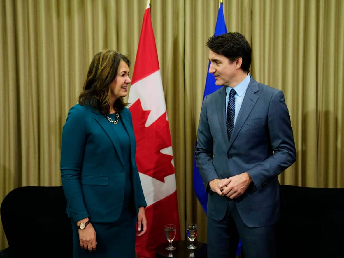 Prime Minister Justin Trudeau meets with Alberta Premier Danielle Smith in Calgary on Wednesday, March 13, 2024.  (Todd Korol/The Canadian Press - image credit)