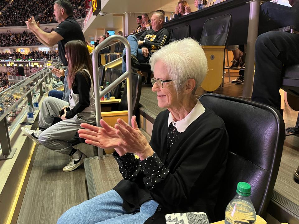 Carole Clark, 79, of Indianola, is Caitlin Clark's grandmother and saw her play a college game in person for the first time  in December at Wells Fargo Arena in Des Moines.