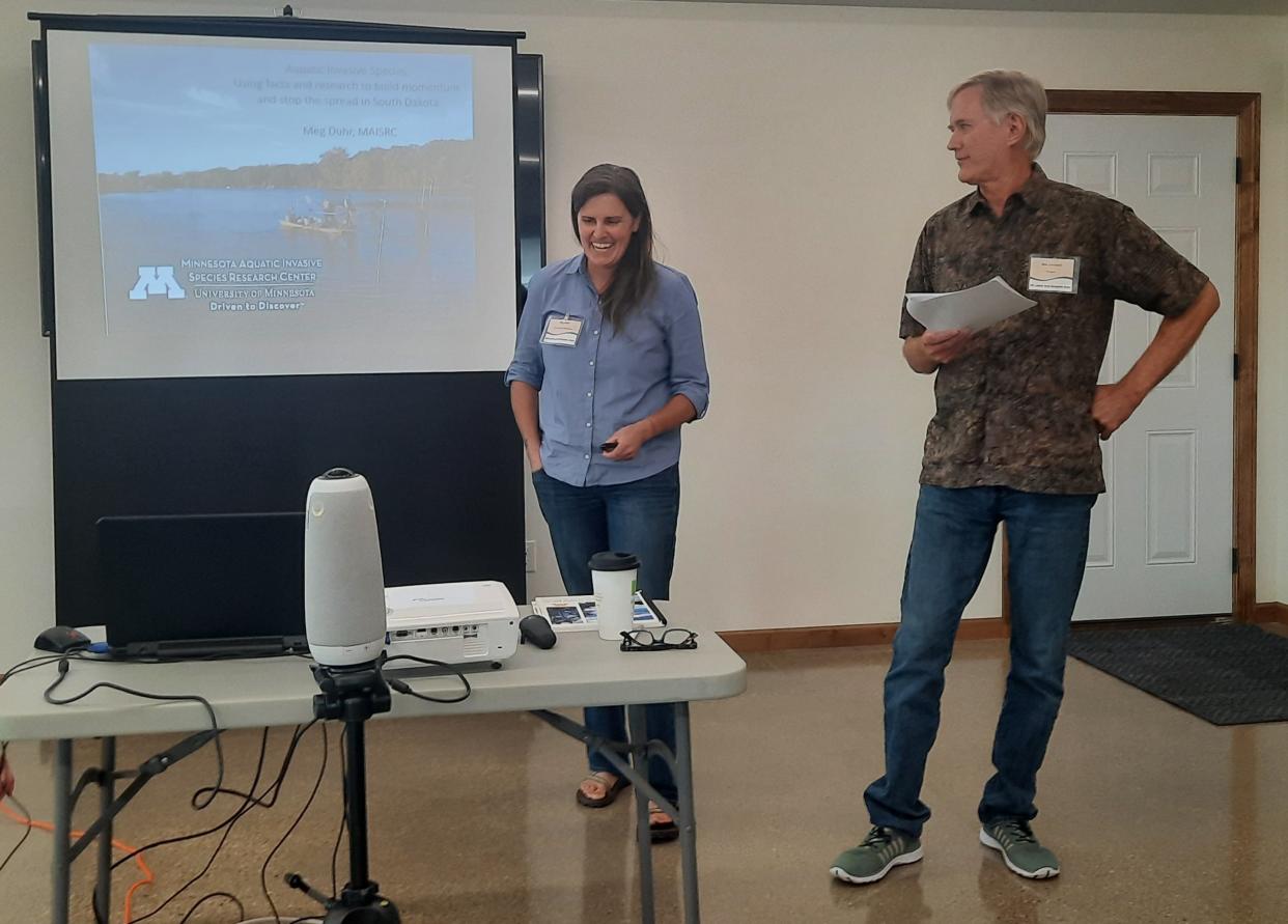 South Dakota Lakes and Streams Association President Dan Loveland introduces Meg Duhr, research outreach specialist with the Minnesota Aquatic Invasive Species Research Center. She was the featured guest at a forum recently at MDB Storage offices near Pickerel Lake.