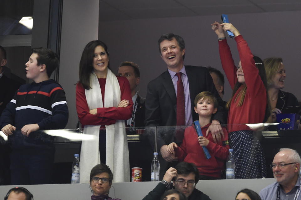 The Danish royals and their kids, Prince Christian, Princess Isabella, and twins Princess Josephine and Prince Vincent, watched the action at the Denmark vs Norway final from a VIP box on Monday. Photo: Getty Images