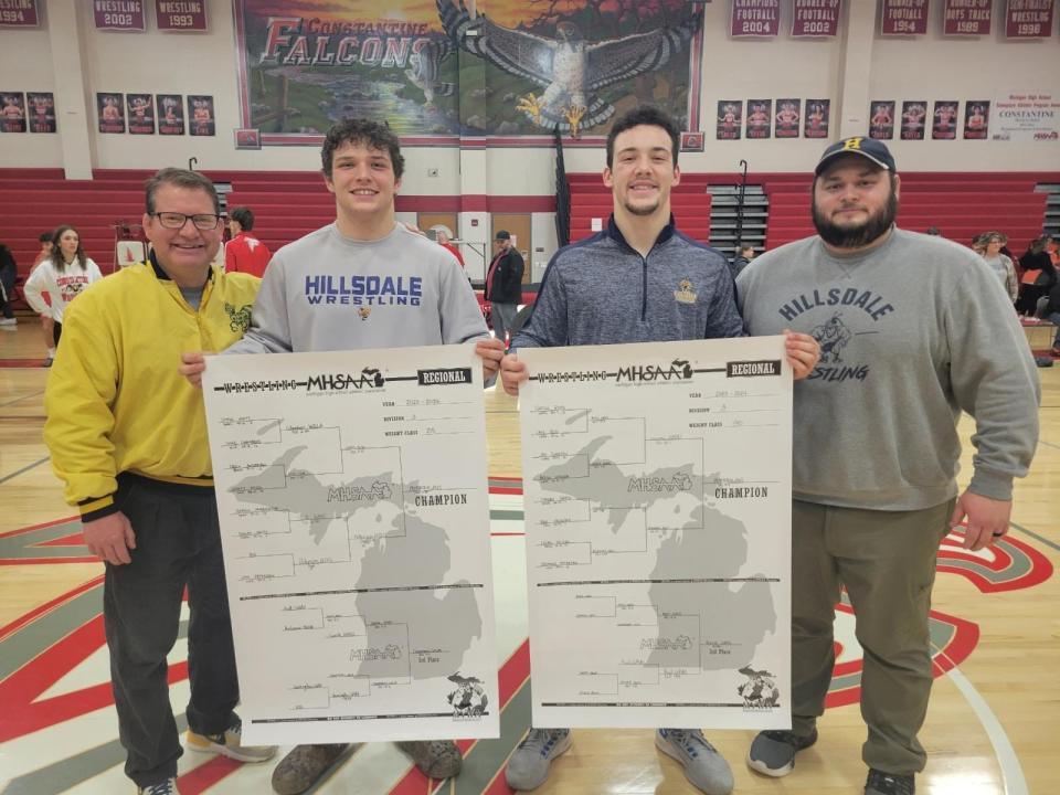 Hillsdale Hornet brothers John and Stephen Petersen together win regional championships. (Pictured with coaches David Beck and Nate Spieth)