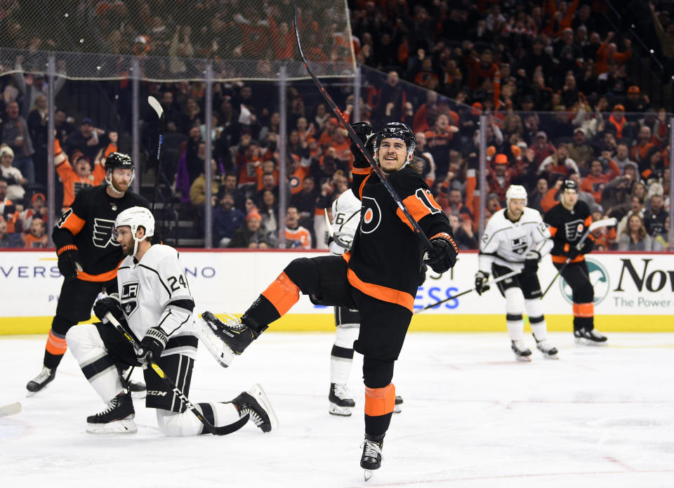 Philadelphia Flyers' Travis Konecny celebrates after scoring a goal during the second period of an NHL hockey game against the Los Angeles Kings, Saturday, Jan. 18, 2020, in Philadelphia. (AP Photo/Derik Hamilton)