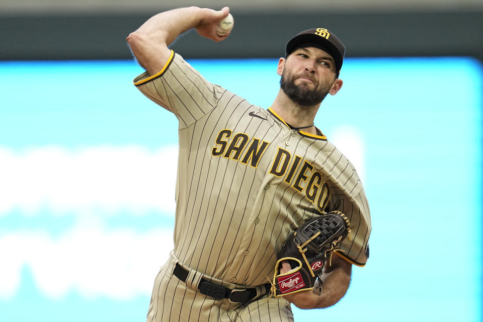 San Diego Padres starting pitcher Michael Wacha delivers during the first inning of a baseball game against the Minnesota Twins, Tuesday, May 9, 2023, in Minneapolis. (AP Photo/Abbie Parr)