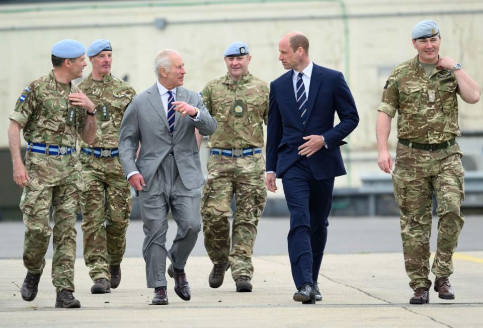 stockbridge, hampshire may 13 king charles iii and prince william, prince of wales during the official handover in which king charles iii passes the role of colonel in chief of the army air corps to prince william, prince of wales at the army aviation centre on may 13, 2024 in stockbridge, hampshire photo by karwai tangwireimage