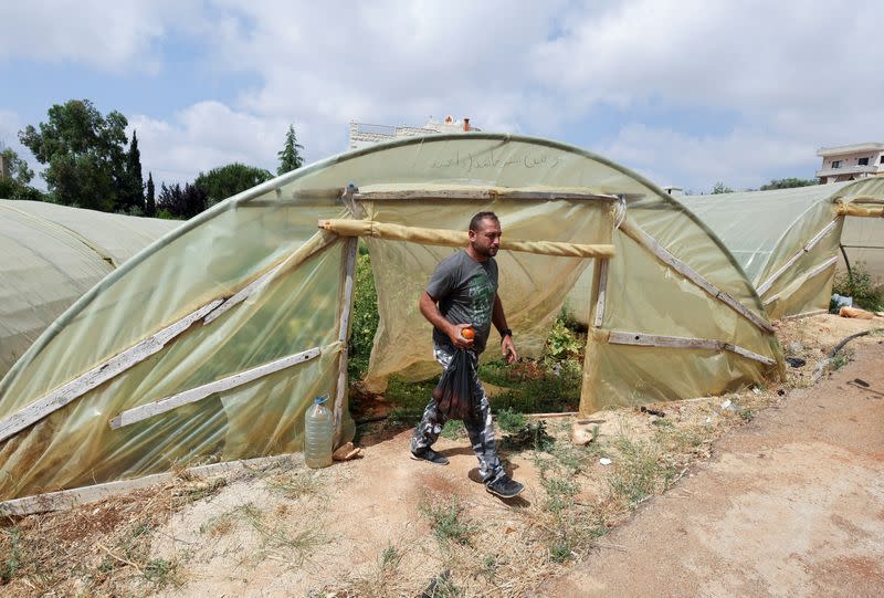 Qassem Shreim walks out of a greenhouse in Bani Haiyyan village