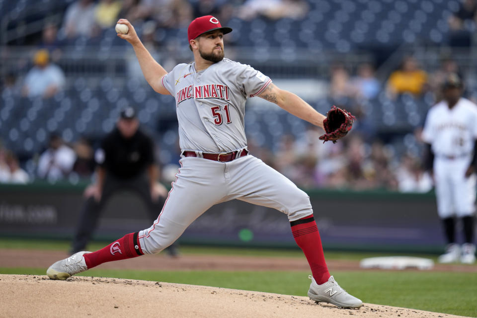 Cincinnati Reds starting pitcher Graham Ashcraft delivers during the first inning of the team's baseball game against the Pittsburgh Pirates in Pittsburgh, Friday, April 21, 2023. (AP Photo/Gene J. Puskar)