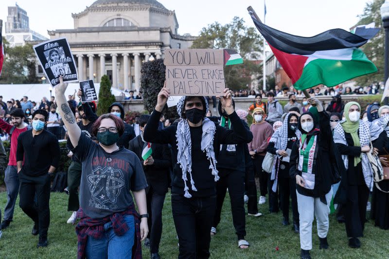 Pro-Palestinian students take part in a protest in support of the Palestinians amid the ongoing conflict in Gaza, at Columbia University in New York City