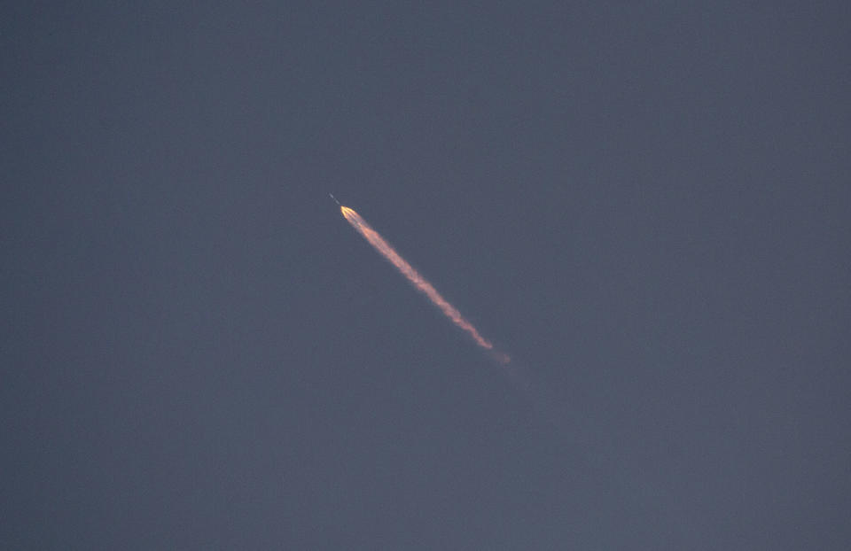 A SpaceX Falcon 9 rocket loaded with Starlink communications satellites launched from Vandenberg Space Force Base heads toward orbit on July 10, 2024, as seen near Lompoc, California. The flight marked SpaceX’s first in-flight Falcon 9 rocket failure since 2015, sending 20 Starlink satellites into a dangerously low orbit.