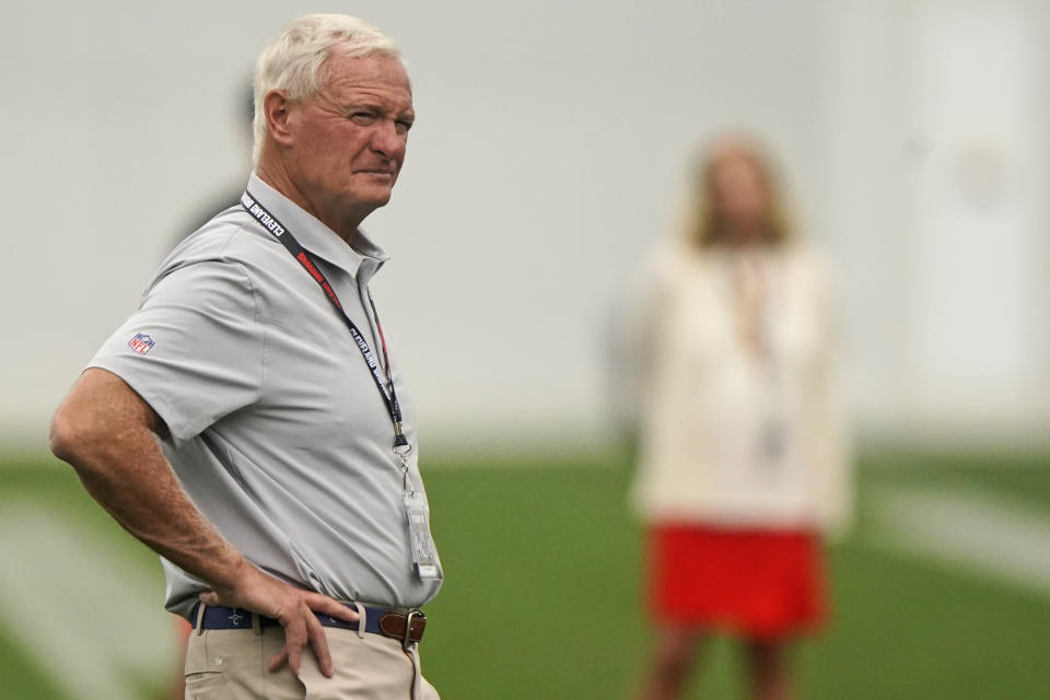 Cleveland Browns owner Jimmy Haslam watches during an NFL football practice, Thursday, July 29, 2021, in Berea, Ohio. (AP Photo/Tony Dejak)