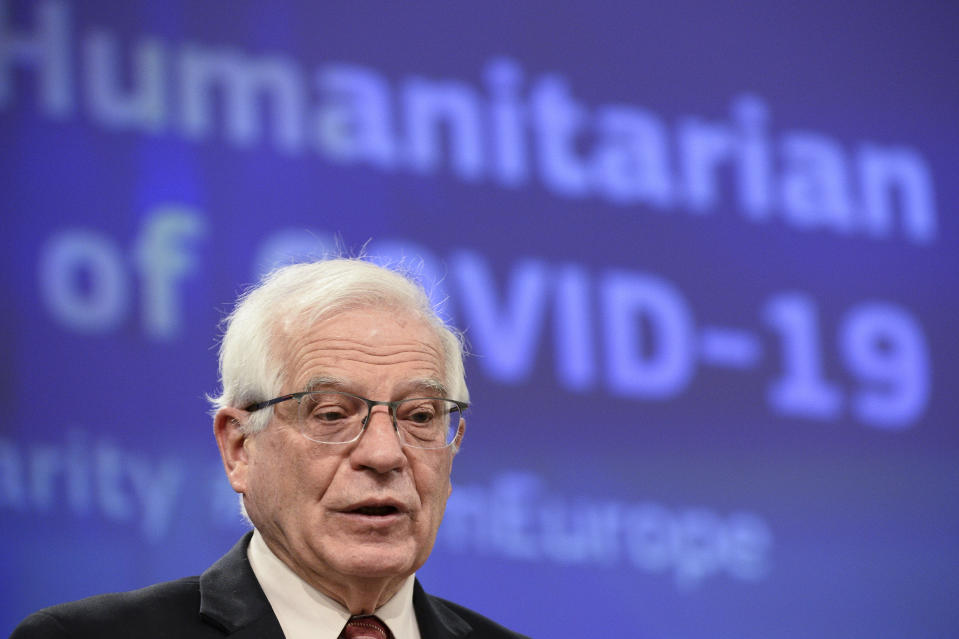 European Union foreign policy chief Josep Borrell speaks during a news conference at the EU headquarters in Brussels, Wednesday, March 10, 2021. The European Union unveiled Wednesday plans to step up its international aid efforts, support humanitarian agencies and encourage new donors as the coronavirus weighs on several crises around the world. (Johanna Geron, Pool Photo via AP)