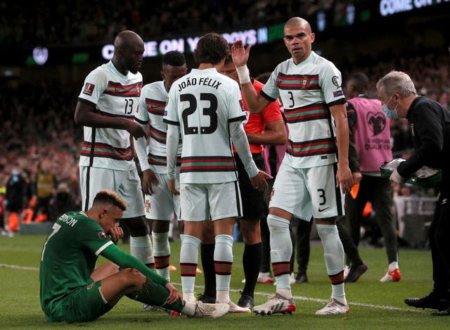 Pepe (right) was red-carded in the 0-0 draw between the Republic of Ireland and Portugal (Brian Lawless/PA).