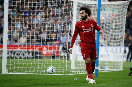 Soccer Football - Premier League - Huddersfield Town v Liverpool - John Smith's Stadium, Huddersfield, Britain - October 20, 2018 Liverpool's Mohamed Salah celebrates scoring their first goal Action Images via Reuters/Carl Recine