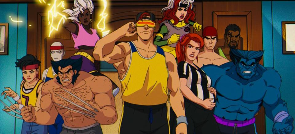 (L-R): Jubilee (voiced by Holly Chou), Morph (voiced by JP Karliak), Wolverine (voiced by Cal Dodd), Storm (voiced by Alison Sealy-Smith), Cyclops (voiced by Ray Chase), Rogue (voiced by Lenore Zann), Jean Grey (voiced by Jennifer Hale), Gambit (voiced by AJ LaCascio), Bishop (voiced by Isaac Robinson-Smith), and Beast (voiced by George Buza) in Marvel Animation’s X-MEN ’97. Photo courtesy of Marvel Animation. © 2024 MARVEL.