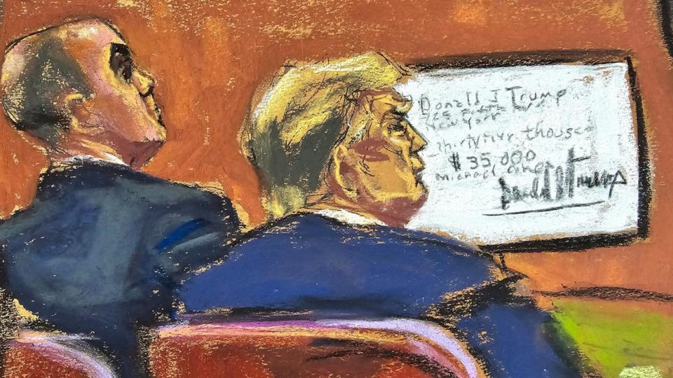 PHOTO: Former President Donald Trump and his lawyer Emil Bove watch as Michael Cohen is questioned by prosecutor Susan Hoffinger during Trump's criminal trial in Manhattan state court in New York City, May 14, 2024 in this courtroom sketch.  (Jane Rosenberg via Reuters)