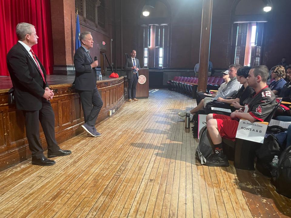 Connecticut Gov. Ned Lamont and Norwich Mayor Peter Nystrom visited NFA on April 17, 2024, and students asked questions about social media, the environment, and more.