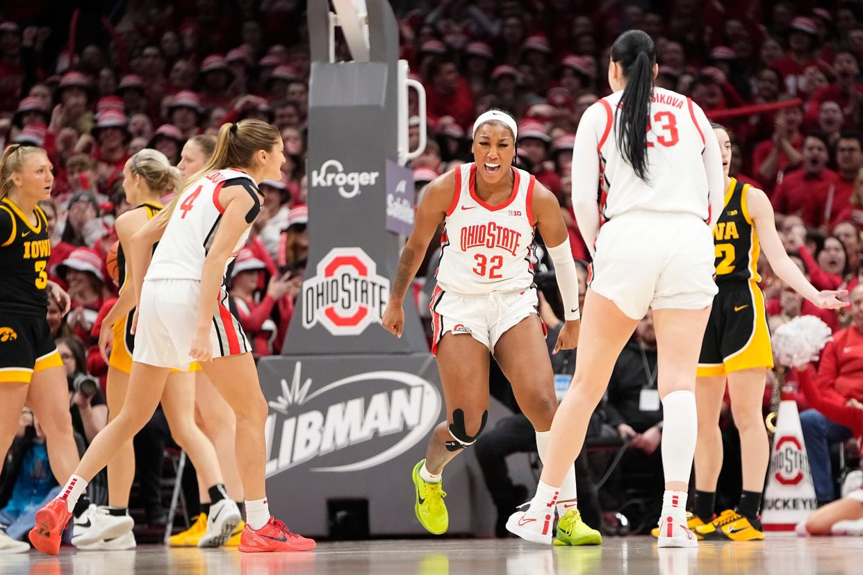 Ohio State forward Cotie McMahon celebrates a basket against Iowa on Sunday.