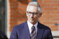 BBC's Match of the Day presenter Gary Lineker outside his home in London, Saturday March 11, 2023. The BBC faced an escalating crisis Saturday over its suspension of former soccer star and sportscaster Gary Lineker for comments criticizing the British government's new asylum policy. As a growing number of athletes and presenters rallied to Lineker’s support, Britain’s national broadcaster faced allegations of political bias and suppressing free speech, as well as praise from some Conservative politicians. (James Manning/PA via AP)