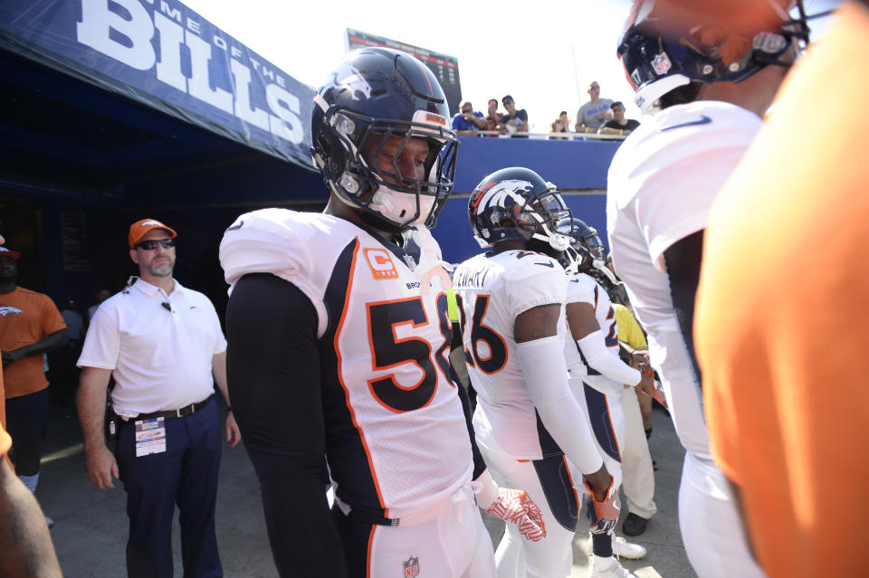 Denver Broncos outside linebacker Von Miller (58) got called for a terrible penalty in the fourth quarter against Buffalo. (AP)