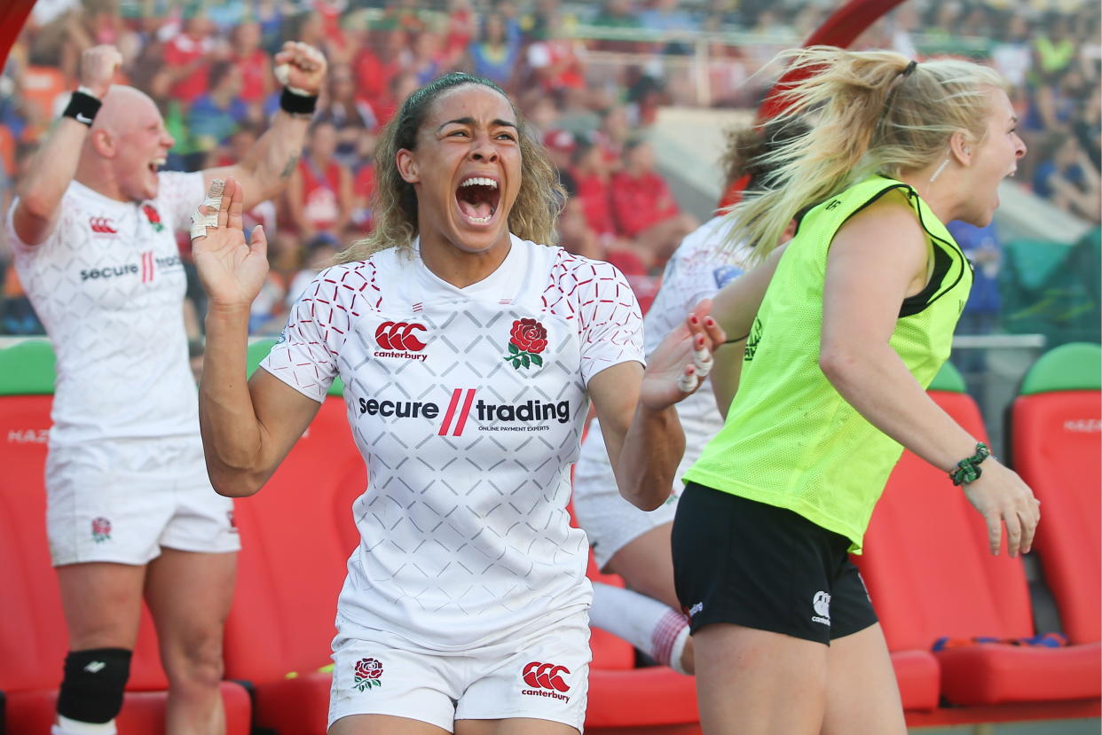 England's Ellie Kildunne celebrates securing Team GB's qualification for the women's rugby sevens competition at Tokyo 2020