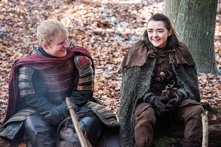 Ed Sheeran as a Lannister soldier and Maisie Williams as Arya Stark in HBO's Game of Thrones. (Photo Credit: Helen Sloan/HBO)