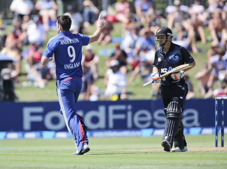 James Anderson (left) of England celebrates the wicket of BJ Watling of New Zealand during their second one-day match at McLean Park in Napier on February 20, 2013. A five-wicket haul by James Anderson backed by a dominant England batting display set up an eight-wicket win over New Zealand in the second one-day international in Napier