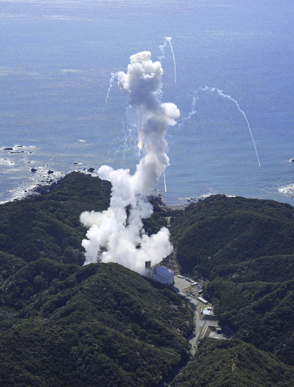 A Space One's Kairos rocket explodes after liftoff from a launch pad in Kushimoto, Wakayama prefecture, western Japan, Wednesday, March 13, 2024. (Kyodo News via AP)