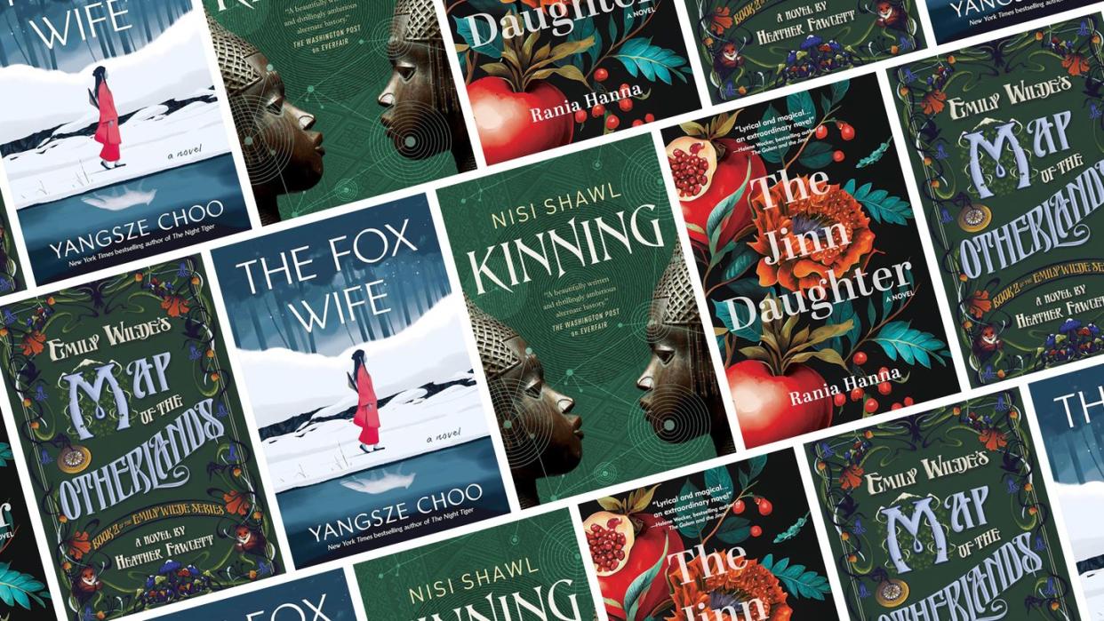 the covers of emily wildes map of the otherlands, the fox wife, kinning, and the jinn daughter lined up together