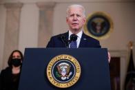 U.S. President Biden and Vice President Harris speak after guilty verdicts reached in trial of former Minneapolis police officer Chauvin at the White House in Washington